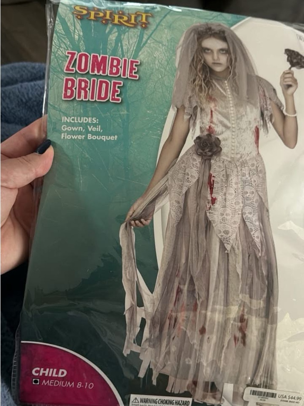 Spirit Zombie Bride Child Costume - Gray Veil & Gown with Red Accents